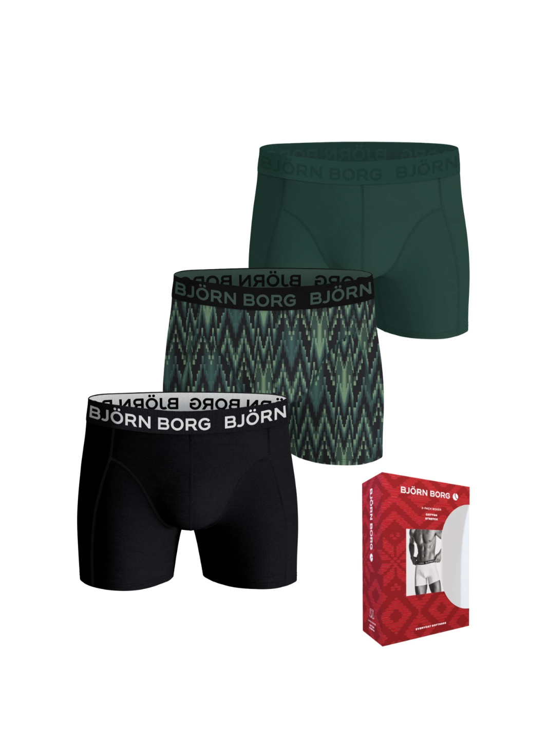 Björn Borg 3-pack boxershorts til herre i sort, armygrøn og mønstret design. 95% bomuld og 5% Lycra med blød mikrofiberlinning.
