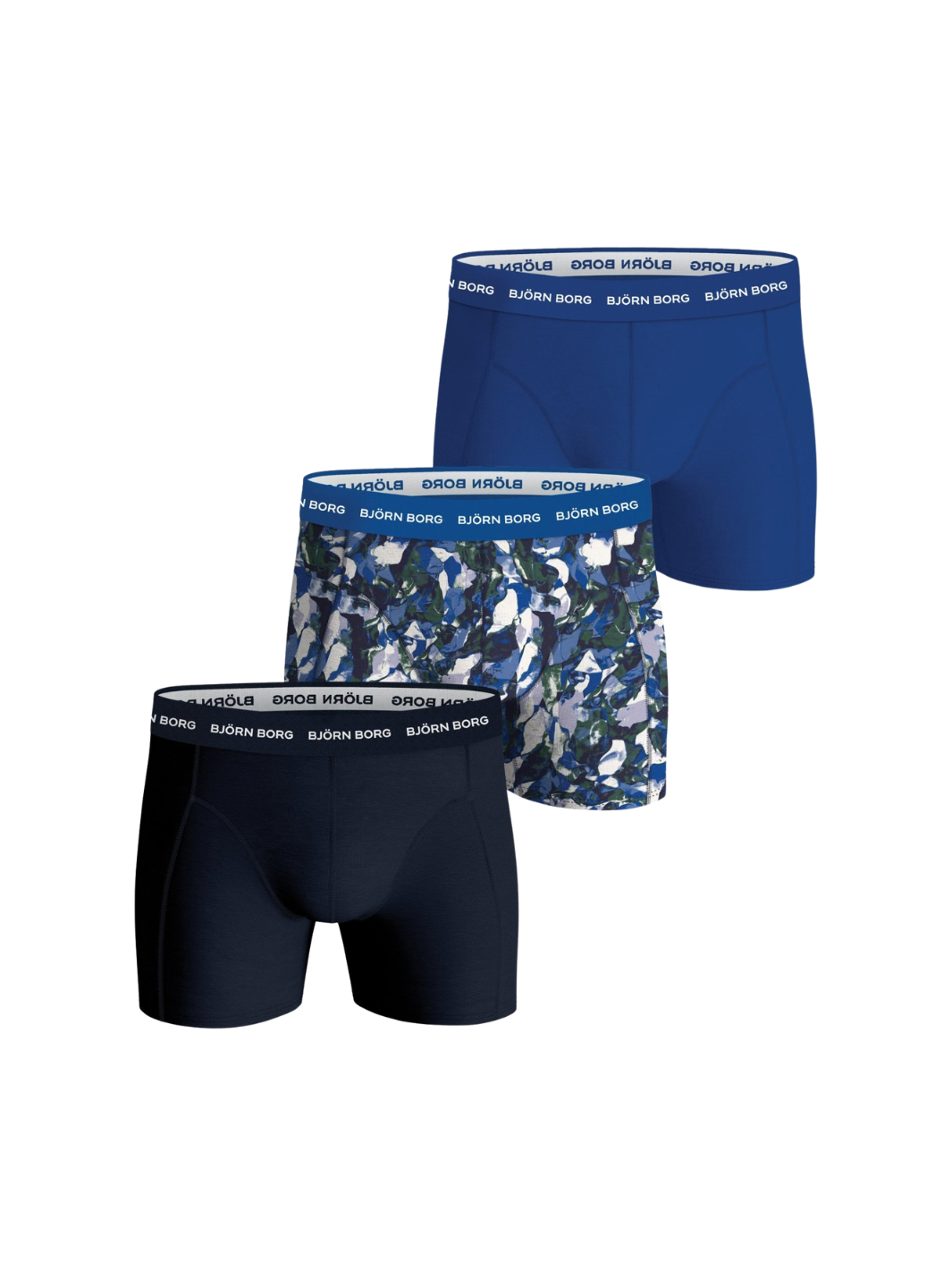 Björn Borg 3-pack boxershorts til herre i mørkeblå, koboltblå og mønstret design. 95% bomuld og 5% Lycra med blød mikrofiberlinning.