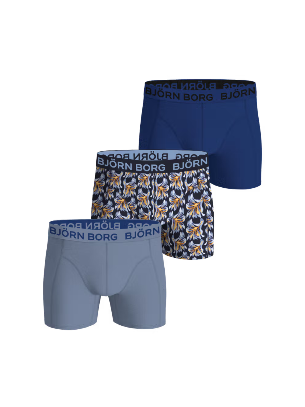 Björn Borg 3-pack boxershorts til herre i mørkeblå, lysere blå og mønstret design. 95% bomuld og 5% Lycra med blød mikrofiberlinning.