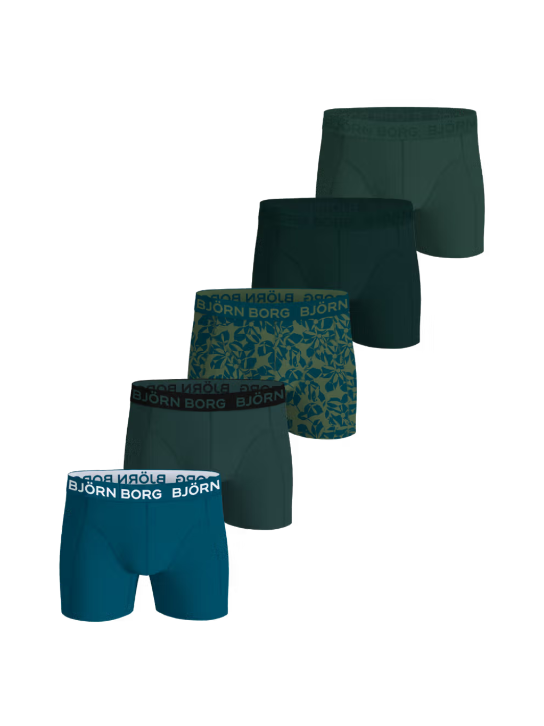 Björn Borg 5-pack sports-boxershorts til herre i army, blå, sort og mønstrede designs med Hydro Pro-mikrofiber og blød elastisk linning.