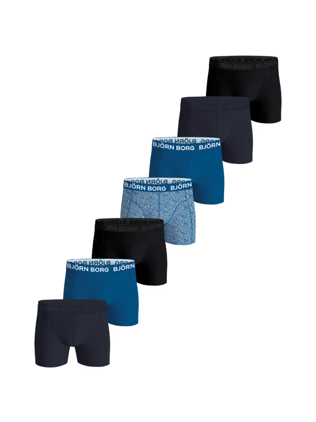 Björn Borg 7-pack boxershorts til herre i forskellige blå nuancer og designs med stretch og blød elastisk mikrofiberlinning.