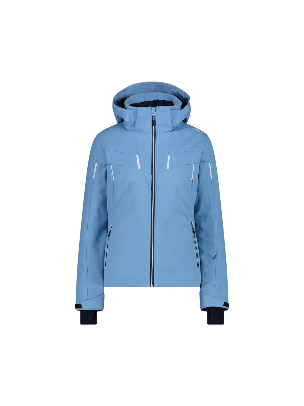 CMP lyseblå Zip Hood dame skijakke. Jakken er fremstillet i et åndbart, vandtæt og vindtæt softshell-materiale