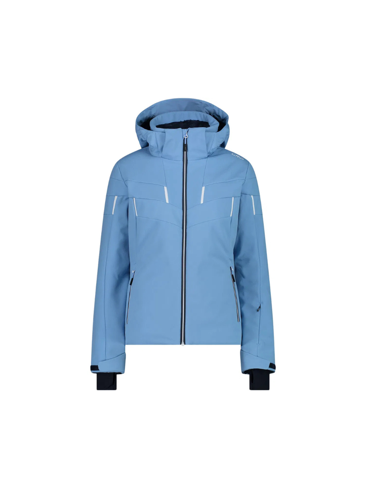 CMP lyseblå Zip Hood dame skijakke. Jakken er fremstillet i et åndbart, vandtæt og vindtæt softshell-materiale
