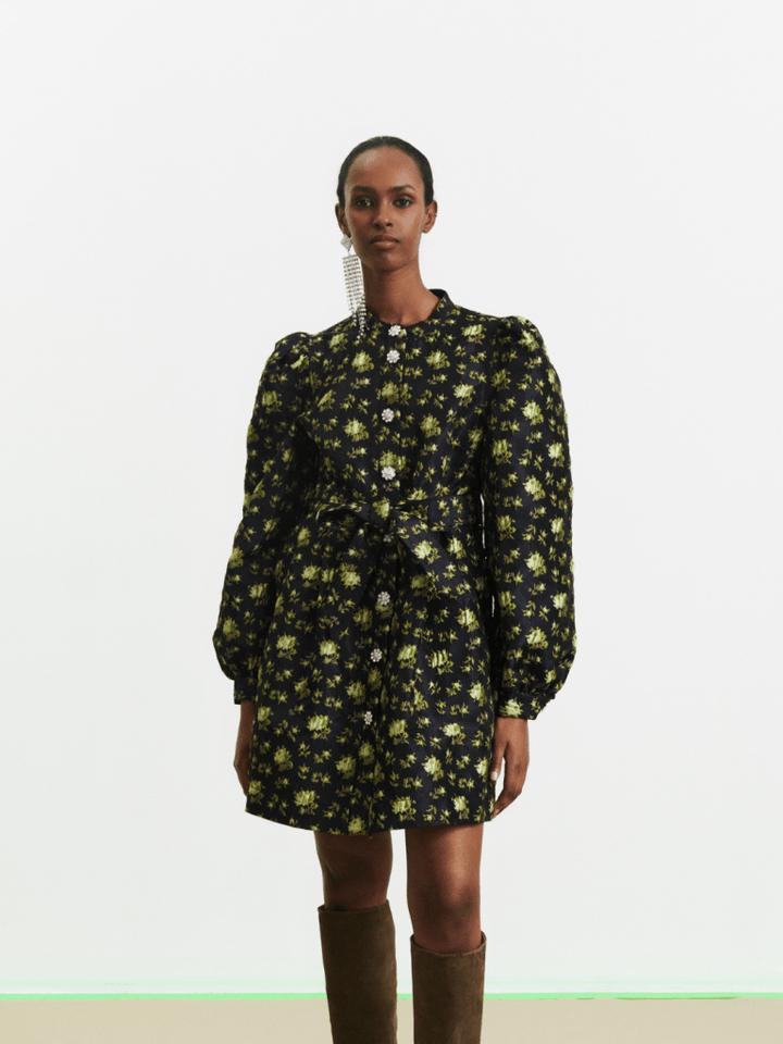 Mørkeblå blomstret Lynett Custommade Kjole 34/XS Custommade