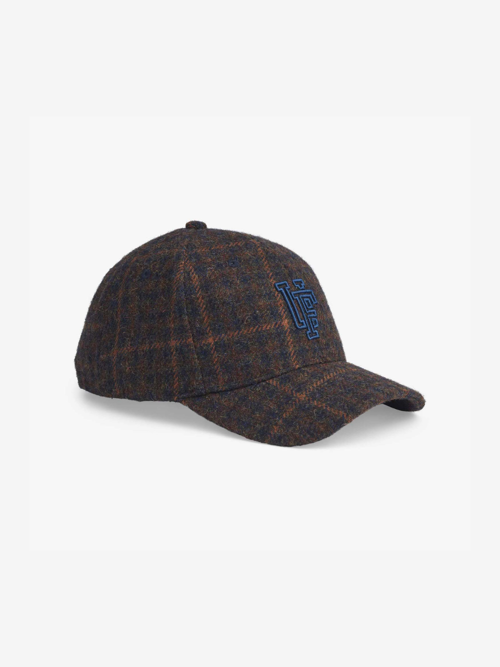 Upfront Lumber Jack baseball kasket i brun og navy med ternet mønster og blåt 3D-logo. 50% uld, 50% polyester og snapback. One Size.
