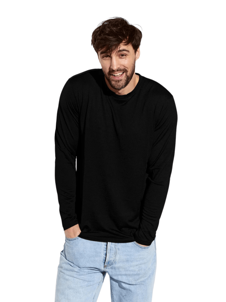 Panos Emporio Sort Herre Langærmet T-Shirt I Merinould Og Tencel S Panos Emporio