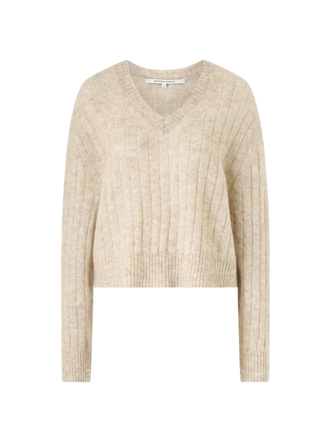 Beige finstrikket Second Female pullover i mohairmix med V-formet halsudskæring, lange ærmer og ribkanter.