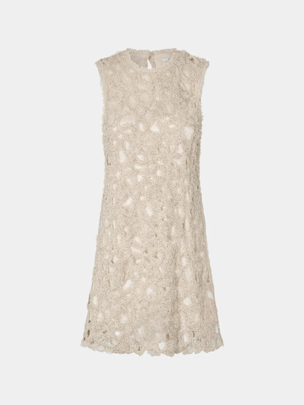 Second Female Gleam Dress i beige med dekorativt perlemønster, rund hals, ærmeløst design og let A-formet silhuet.