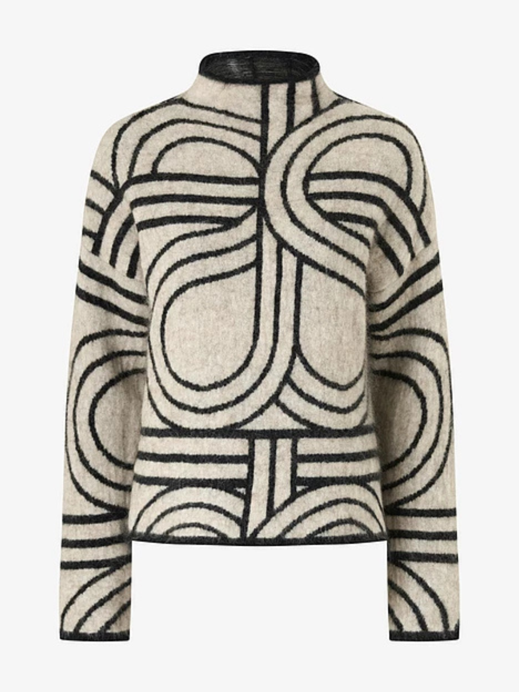 Lysegrå mønsterstrikket pullover fra Second Female med sort mønster, håret struktur, høj rund hals og løs pasform.