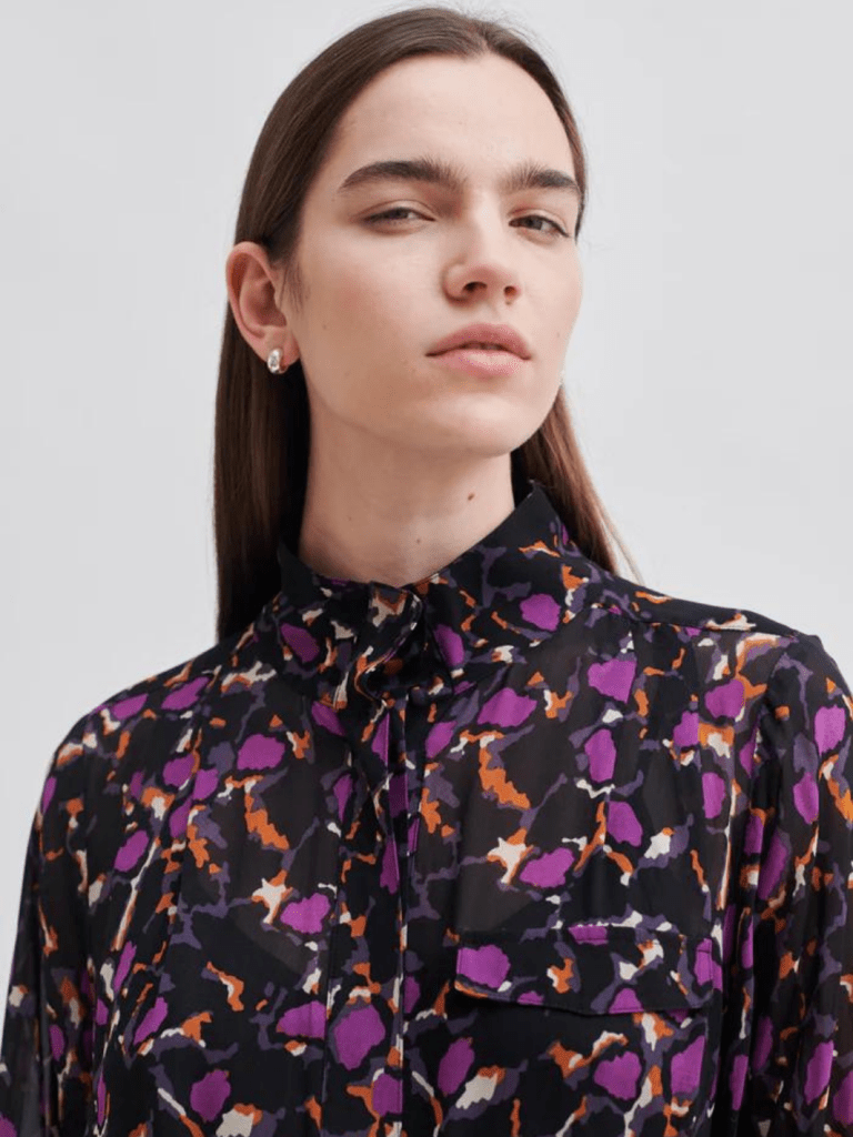 Sort - Lilla Mønstret Second Female Point Shirt Kjole XS Second Female