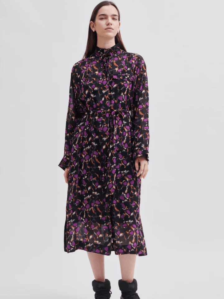 Sort - Lilla Mønstret Second Female Point Shirt Kjole XS Second Female