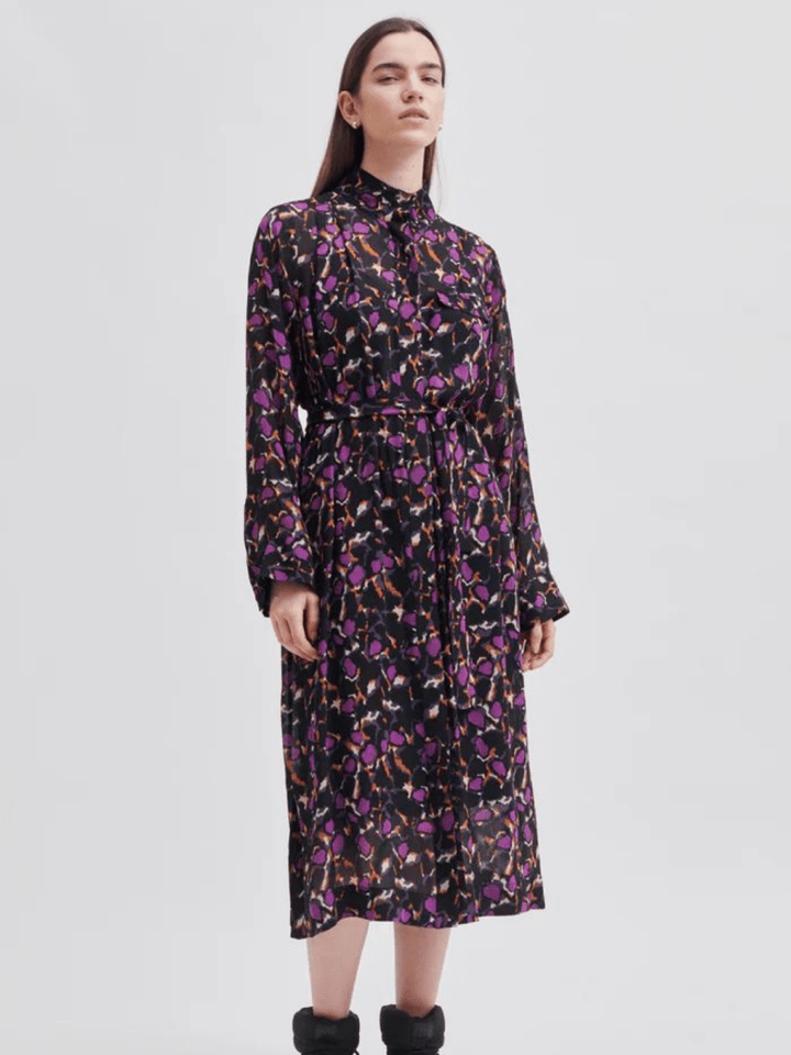 Sort - Lilla Mønstret Second Female Point Shirt Kjole XS Second Female