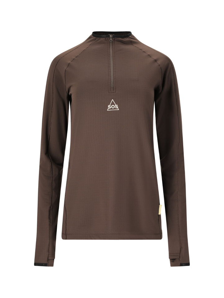 Brun SOS Timberline skipulli til damer med opretstående krave, YKK-halv lynlås, lange ærmer og tommelfingerhuller.