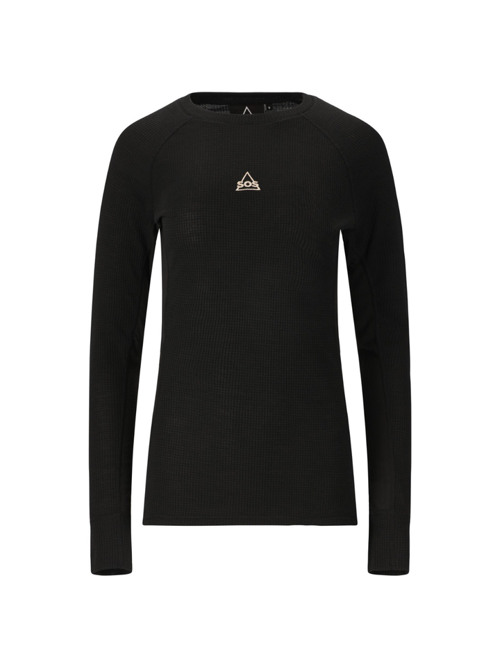 Sort SOS Namsan baselayer-sæt til kvinder med langærmet trøje og lange underbukser i polyester og merinould til skiløb.