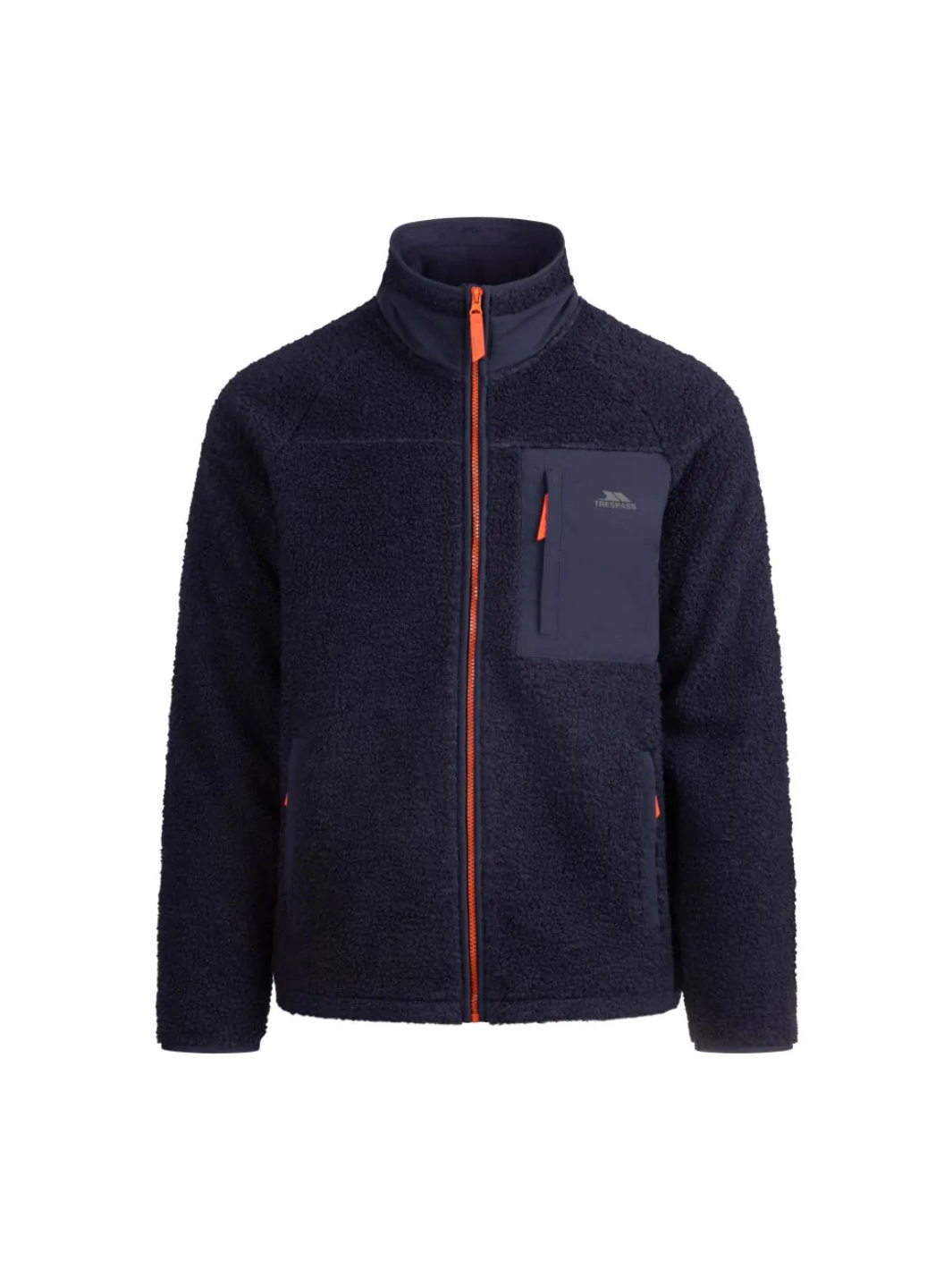 Trespass Brookes sherpa-fleecejakke til herrer i mørkeblå med struktureret fleece, gennemgående lynlås og tre lynlåslommer.