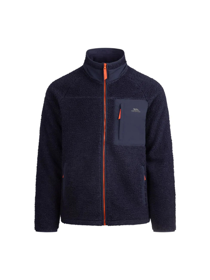 Trespass Brookes sherpa-fleecejakke til herrer i mørkeblå med struktureret fleece, gennemgående lynlås og tre lynlåslommer.